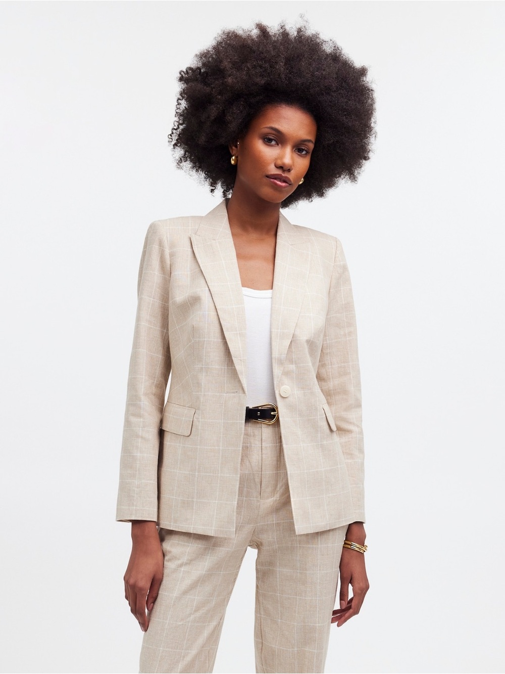 Madewell Slim Blazer Sesame Glen Plaid Linen Blend Size 8